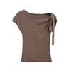Camiseta Feminina Pura Desejo Elegante com Cintura Marcada, Manga Curta Off-Shoulder, Design de Menina Doce Picante de Verão com Toque de Luxo, Top Versátil com Fita
