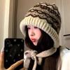 Gorro Tricotado Estilo Étnico Chapéu Balaclava de Inverno Feminino Bolsa Chapéu de Lã Quente de Pelúcia com Pelo Trendy