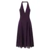 7617-25 Verano Nuevo Estilo Europeo y Americano Elegante Morado Longitud Media Sexy Cuello en V Cuello Halter Vestido de Verano