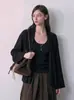 Suéter tejido de punto para mujer, cuello en V simple, mangas acampanadas, corte holgado, longitud media, colección nueva 2026, suéter abrigo de estilo casual
