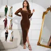 Saia de quadril sexy transfronteiriça Outono e Inverno 2023 cor sólida manga longa seda brilhante sexy decote V profundo vestido vestido