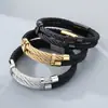 Pulsera de cordón de cuero negro de doble capa estilo business exclusiva transfronteriza con brazalete de alambre tejido de acero inoxidable para hombre