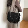 Bolsa de Franjas em Couro Versátil Bolsa de Ombro Texturizada Tendência Trabalho Deslocamento Versátil Bolsa Transversal Bolsa de Palha Tecida Artesanal Retro