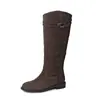 Botas de Cavaleiro com Fivela Grande de Couro Camurça Estilo Preguiçoso de Blogueira 2025 Salto Baixo Grosso Botas de Couro Genuíno