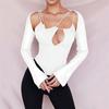 En stock, top de manga larga ajustado irregular con costuras de malla huecas para mujer de otoño europeo y americano, venta al por mayor para mujer