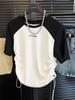 Camiseta Raglan Manga Curta Algodão Puro Estilo Retrô Americano para Mulheres Verão Design de Nicho Camisa com Cordão na Cintura Top Curto