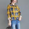 Moda Feminina Plus Size 2024 Nova Camisa Elegante de Manga Comprida Gorda mm Primavera Solta Versátil Xadrez Top Casual