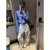 Mochie Principios de Primavera Nuevo Estilo Coreano Diseño de Bordado de Perro Holgada Casual Camisa de Cuadros Azules Mq1086