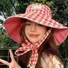 Nuevo Sombrero de Pescador a Cuadros con Cordones Estilo Coreano Ins para Mujer, Sombrero de Sol de Ala Ancha de Doble Cara para Viajes al Aire Libre en Verano