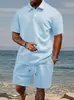 Conjunto de polo jacquard de malha waffle e shorts masculinos transfronteiriço, um conjunto casual esportivo de duas peças leve e respirável para o verão
