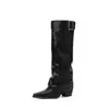 Botas femininas de couro legítimo estilo francês para alongar as pernas, novo modelo 2026, comércio exterior, salto grosso, fivela de cinto, perna larga, salto alto, botas de montaria