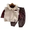 Conjunto de Otoño para Niña 2025 Nueva Moda Estilo Coreano Chaleco de Punto Infantil Pantalones de Lunares para Bebé Conjunto de Tres Piezas