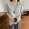 Camiseta de Algodón de Bambú con Borde Enrollado, Cuello en V y Manga Corta para Mujer, Nuevo Estilo de Verano, Diseño Holgado y Sencillo, Top Básico Perezoso de Media Manga