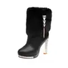 Botas de Moda Europeias e Americanas de Salto Alto Quentes de Inverno Plus Size Transfronteiriças Botas Curtas de Pelo de Salto Grosso com Decoração de Strass Transfronteiriças Femininas