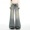 Calça Flare Jeans Amarelo Lavado Vintage para Mulheres, Novo Estilo Americano Cintura Baixa Street Slimming Lavada Solta Boca de Sino