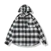 Chamarra Camisa con Capucha a Cuadros Estilo Hong Kong para Mujer Otoño 2025 Nueva Holgada Estilo Perezoso de Longitud Media Tops Casuales