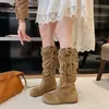 Botas de caballero retro con flecos estilo páramo para mujer, botas largas de otoño e invierno, nuevo modelo 2026, punta redonda, botas de plataforma adelgazantes y que realzan la altura, de moda