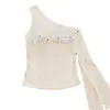 33105# Top sin mangas retro americano irregular de un solo hombro tachonado con pedrería y letra, sin espalda, con copas en el pecho, top elegante sin espalda para mujer