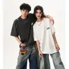 Camiseta Masculina e Feminina de Verão Estilo Americano Retrô com Estampa de Letras Manga Curta Marca Trendy Pesada Casual Solta Algodão Puro Casal Meia-manga