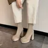 Botines de tacón ultra alto, ajustados, para mujer, con material elástico, punta redonda, suela de plataforma, cierre de cremallera en la parte trasera y tacón grueso.. Disponible en tallas grandes