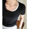Camiseta de Contraste Color-Block de Calidad Seleccionada, Falso Dos Piezas para Mujer, Manga Corta, Nuevo Estilo Verano 2026, Corte Ajustado, Camiseta Base Adelgazante