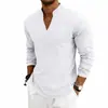 Camisa Masculina de Linho com Gola Alta e Manga Longa Henry Meio Botão Mangas Dobráveis Cor Lisa Camisa Praia Férias Europeia Americana