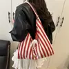 Bolsa de Lona Rayada de Gran Capacidad Estilo Ins Simple Relajada Moda Bolso Tote Doble Cara Bolso de Hombro para Viajero