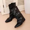 Botas de Punta Media Caña para Mujer 2026 Otoño/Invierno Nuevo Estilo Hebilla de Cinturón Tacón Grueso Plisadas Botas de Caballero Ajustadas para Chicas de Moda