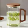 Atacado Novo Estilo Chinês Vidro Borossilicato Alto Tampa de Noz Caneca de Chá Resistente a Altas Temperaturas Caneca de Chá Verde Cabo de Madeira Caneca de Três Peças