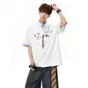 Camisa Polo de Manga Corta con Estampado de Graffiti Divertido Americano de la NASA para Hombres y Mujeres, Tendencia de Verano Falsa de Dos Piezas Bloque de Color Estilo Universitario Manga de Cinco Puntas
