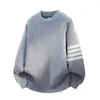 Suéter de Punto para Hombre Cuello Redondo Cuatro Rayas Otoño Invierno Calibre Grueso Engrosado Mangas Rayadas Holgadas Top Pulóver