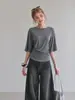 Camiseta informal holgada de manga media para mujer, color gris oscuro, cuello redondo, diseño de principios de otoño, corte ajustado