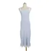Vestido Camisola de Punto Acanalado de Verano con Tirantes Anchos, Ribete de Encaje de Perlas, Corte Ajustado, Vestido Midi de Sirena para Mujer