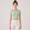 Top de manga corta para mujer Chuandun con Cruzado, Almohadillas en el Pecho Integradas, Delantero Asimétrico, Diseño Hueco, Adelgazante, para Correr, Fitness y Yoga