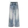 Jeans blancos de estilo americano con efecto degradado desgastado, para hombre con vibra punk moderna, corte holgado, lavados y deslavados, pantalones versátiles de pierna recta
