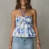 Comercio exterior transfronterizo europeo y americano ropa de mujer 2026 verano nuevo top azul y blanco estampado de cuello halter ajustado, camisola casual de moda