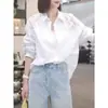 Camisa com Recortes, Blusa Branca Elegante para Mulheres, Moda Coreana Primavera e Outono 2026 Renda Leve Luxo Casual Manga Longa Top para Mulheres