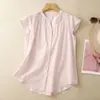 Camisa Casual de Verano 2026 Nuevo Estilo Rosa Cuello Redondo Mangas Cortas Ligeras para Mujer Holgada Plisada