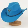 Sombrero de Vaquero del Oeste Americano para Hombres y Mujeres Cabeza de Toro de Metal Lana Ala Ancha Sombrero Retro de Caballero Sombrero de Copa
