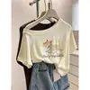 Camiseta de Algodón Gris con Copos de Nieve, de un Solo Hombro, Hombros Descubiertos, Manga Corta, para Mujer, Estilo ins de Verano, Delgada, Transpirable, a la Moda, que Reduce la Edad, Moldeadora, Top Tendencia