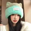 Nuevo gorro de punto de lana estilo coreano con orejas de gato para otoño e invierno para mujer, lindo, cálido, protege las orejas, adelgaza la cara