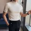 Camiseta de punto de manga corta ajustada estilo coreano para hombre, con cuello medio alto, camisa base a rayas de moda, top de moda