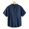 Camisa de Lino de Manga Corta para Hombre Nueva de Verano 2026, Holgada Casual con Cuello Mao, Top Transpirable de Color Sólido Algodón-Lino