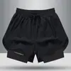 Shorts Esportivos Americanos para Fitness Shorts de Corrida Forro Interno Falso Duas Peças Treinamento Anti-Exposição Masculino Seda de Gelo Secagem Rápida Comprimento Três Quartos
