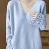 Suéter Pulôver Tricotado Feminino Decote V Vazado Outono e Inverno Nova Moda Versátil Solto Camisa Base de Caxemira
