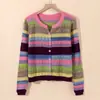 Cardigan de Tricô Colorido Estilo Europeu Transfronteiriço para Mulheres Primavera Novo Gola V Listrado Vazado Base Top Suéter de Manga Longa