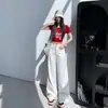 Novidade Primavera e Verão Estilo Coreano Pequeno Simples Luxo Leve Branco Super Macio 100% Algodão Calças Jeans Wide Leg Femininas Emagrecedoras Largas Retas