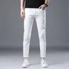 Calça Jeans Branca de Seda de Gelo de Hong Kong para Homens, Corte Slim, Perna Reta, Elástica, Versátil, Marca de Luxo, Tencel, Casual, Estilo Fino de Verão