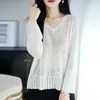 Cárdigan de punto para mujer, estilo coreano, holgado, con cuello en V ondulado, hueco, manga de tres cuartos, adelgazante y protector solar, disponible para dropshipping
