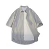 Camisa Masculina de Manga Curta Listrada de Verão Marca de Moda Casual Solta Jaqueta Camisa Cruzada Solta Tamanho Plus